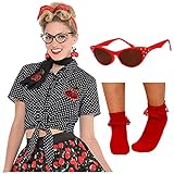 Disfraz para Mujer de los años 50 – Blusa de Lunares Negros + Gafas de Sol Rojo Estilo de los años 50 + Calcetines Rojos – Disfraz de Disfraz de Mujer de los años 50 (Talla Única)