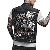 ORANDESIGNE Chaleco de Mezclilla de Hombre Chaqueta Sin Mangas Chaleco con Estampado de Calavera Punk Vaquero Lavado Chaqueta Corta de Moto A Negro 3XL