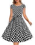 Dressystar Vintage 1950s Polka Dot and Solid Color Prom Dresses Cap-Sleeve Black White Dot B XXL