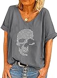 Camiseta Holgada de Gran tamaño de Manga Corta con Estampado de Calavera para Mujer Top de Moda