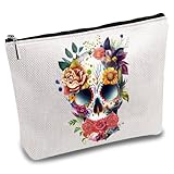 CREATCABIN Bolsas Maquillaje Diseño Calavera,Bolsa Cosméticos Lona,Estuche Multiusos Bolígrafos,Estuche Planchar Flor Transferencia Cremallera Bolsa para Artículos Tocador,Viajes,Escuela,25x18cm