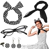 50's Costume Accessories Set, 7pcs Negro Vintage Accesorios de Disfraz Mujer Años 50, 1950s Rockabilly Diadema de Lunares Bandana Bufanda Pendientes Gafas para Halloween Carnival Fiesta de Cumpleaños