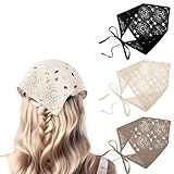 3 pañuelos huecos de ganchillo florales para mujeres y niñas, bandanas vintage (negro, beige y caqui)