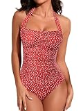 Smismivo Traje de Baño de Una Pieza para Mujer Halter Push Up Bañadores Mujer Natacion Vintage Retro Slim Elegante Bañador Control del Vientre Bañador Punto Rojo