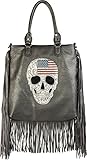 styleBREAKER Bolso de Mano con diseño de EE. UU., Calavera, estrás Negro y deshilachados Largos, Bolso de Bandolera, señora 02012064, Color:Gris Oscuro Antiguo