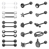 JeweBella 20 Piezas 14G Piercing Lengua para Mujer Hombre Acero Quirúrgico Piercing Pezón Piercing Lengua Plata/Negro Piercing Barra Joyería 16mm