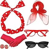 HEAWAA Años 50 Accesorios de Disfraz, 6 Piezas 50‘s Disfraz Kit para Mujeres con Guantes Lunares Bandana 2 Pares Gafas Pendientes para Retro Fiesta Carnaval