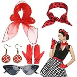 LOPOTIN 5TLG Rockabilly Accesorios de los años 50 para vestido de mujer, accesorios de vestido de los años 50, juego de disfraz con bufanda de gasa, lunar, cinta para la cabeza de los gatos, gafas