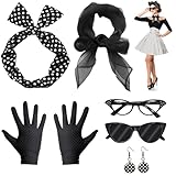 ZOCONE 8 piezas 50s Accesorios Mujer Retro, Años 50 Accesorios De Disfraces Accesorios de Vestir Retro de Los 50 Bufanda Lunares Gafas Pañuelo Negro Corbata Lunares Pendientes Guantes (Negro)