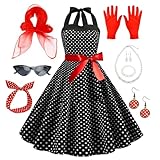Accesorios de disfraz de los años 50, kit de disfraz retro de los años 50 para mujer con vestido de lunares, gafas de ojo de gato, bufanda, diadema, collar y guantes para fiestas temáticas de los años