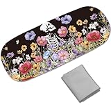 CREATCABIN Estuche Rígido de Cuero con Diseño de Calavera Y Flores para Gafas de Sol, Estuche Portátil Y Delgado para Anteojos, Estuche Protector Tipo Concha, Estuche con Funda Y Paño de Limpieza para
