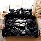 UGZDEA Juego de Cama Calavera 135x200cm, Juego de Cama Gótico con Motivo de Calavera Negra, Juego de Cama Halloween de Microfibra con Cremallera (A, 135x200cm)