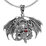 Collar con colgante de dragón para hombre, diseño de calavera con alas de dragón gótico, cadena de 23,6 pulgadas, cadena con cabeza de calavera de cristal