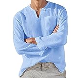 2021 Camisa Hombre otoño lino Manga Larga Color sólido camiseta Moda Casual Suelto T-shirt Blusas camisas Camiseta Cuello en v suave básica Cómodo Primavera Verano camiseta Top