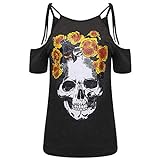Ro Rox Piper Calavera Camiseta Punk Goth Casual con Hombros Cut-out (Calavera y Rosas Negras y Amarillas, L)