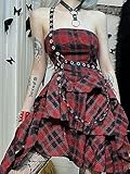 WEITING Vestido de Verano Rojo a Cuadros para Mujer, Ropa de Calle Lolita, sin Mangas, Punk, con Hombros Descubiertos, Vestido Sexy, Vestido asimétrico de Fiesta-Rojo-L