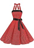 Timormode 10212 Vestido De Vintage 50s Cuello Halter Elegante Mujer Pegueña Rojo Blanco S