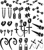 Morfetto Pendientes Punk Y2K de Acero Inoxidable Negro para Hombres Calavera Cool Emo Cadenas Góticas Joyería Piercing para Hombre Pendientes de Aro Colgantes Conjunto de Tachuelas