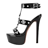 blingqueen Sandalias punk para mujer con plataforma de aguja con tacones altos con tachuelas, Negro , 38 EU