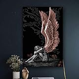 WXDQ Póster de Calavera con alas de ángel y Demonio Gris y Cuadro artístico en Lienzo para decoración de Sala de estar-50x70cmx1 Piezas sin Marco