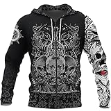 Sudadera Capucha y Cremallera Odin Calavera Vikinga Personalizada para Hombre, Chaqueta Sudadera Informal Manga Larga Impresa en 3D, Camisetas Manga Corta Retro Punk Rock,A Zipper,M
