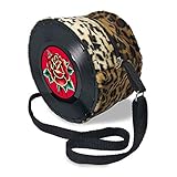 Mancha de Creación - Bolso hecho con discos de vinilo single, tela leopardo y diseño Rosa old school, bolso bandolera redondo de hombro para mujer, asa regulable, retro, vintage, casual