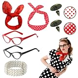Accesorios disfraz años 50 mujer set 7 piezas rojo con lunares blancos para fiesta temática retro y carnaval