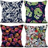 Aoihrraan 45x45cm Juego de 4 Fundas de Cojin Mexicano Esqueleto Cabeza Azúcar Cráneo Cuadrado Decorativo Corto De Felpa Suave Funda De Almohada Dormitorio Exterior Jardín Canapé Patio Sofá, Vistoso