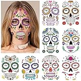 Tatuajes Temporales de Cara para Halloween y Día de los Muertos (9 Hojas) - Mascarada, Esqueleto, Cráneo, Cara Completa - Maquillaje para Mujeres, Hombres, Adultos y Niños