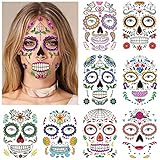 halloween tatuajes temporales de cara (9 hojas), halloween mascarada Día de los Muertos esqueleto cráneo cara completa tatuajes de maquillaje para mujeres Hombres adultos Niños Halloween Mascarada